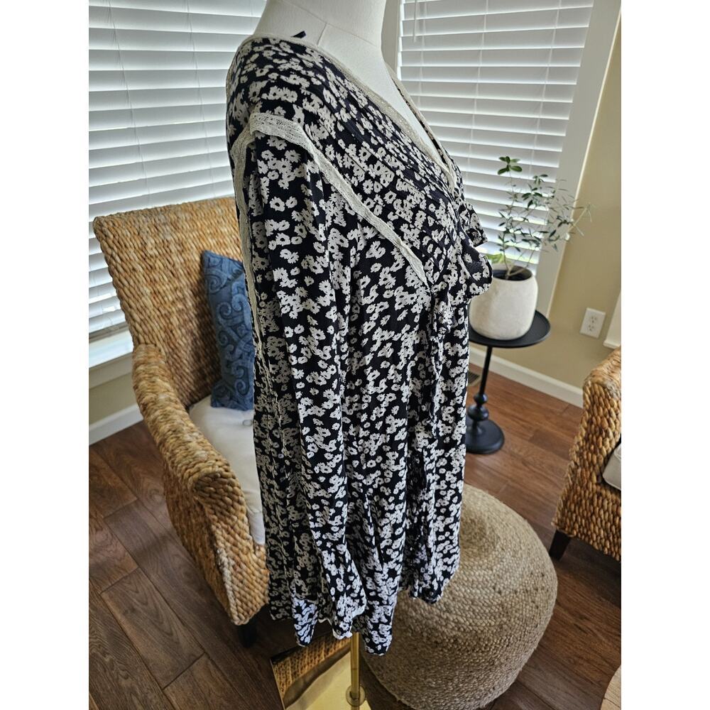 Free People Floral Bell Sleeve Babydoll Dress M Tunic Lace Trim M Festival Boho - Picture 2 of 5